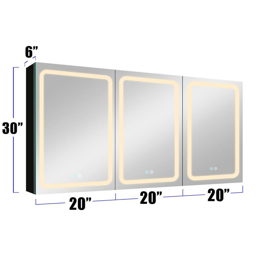 60 in. W x 30 in. H x 6 in. D Rectangular Aluminum Medicine Cabinet with Mirror Double Door Lighted Defogging Dimmer