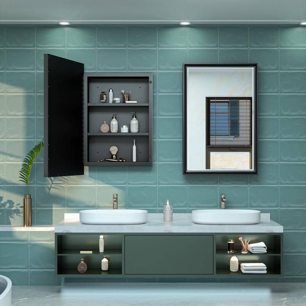 KeonJinn 17 in. W x 25 in. H Rectangular Brass Aluminum Alloy Black Framed Recessed/Surface Mount Medicine Cabinet with Mirror
