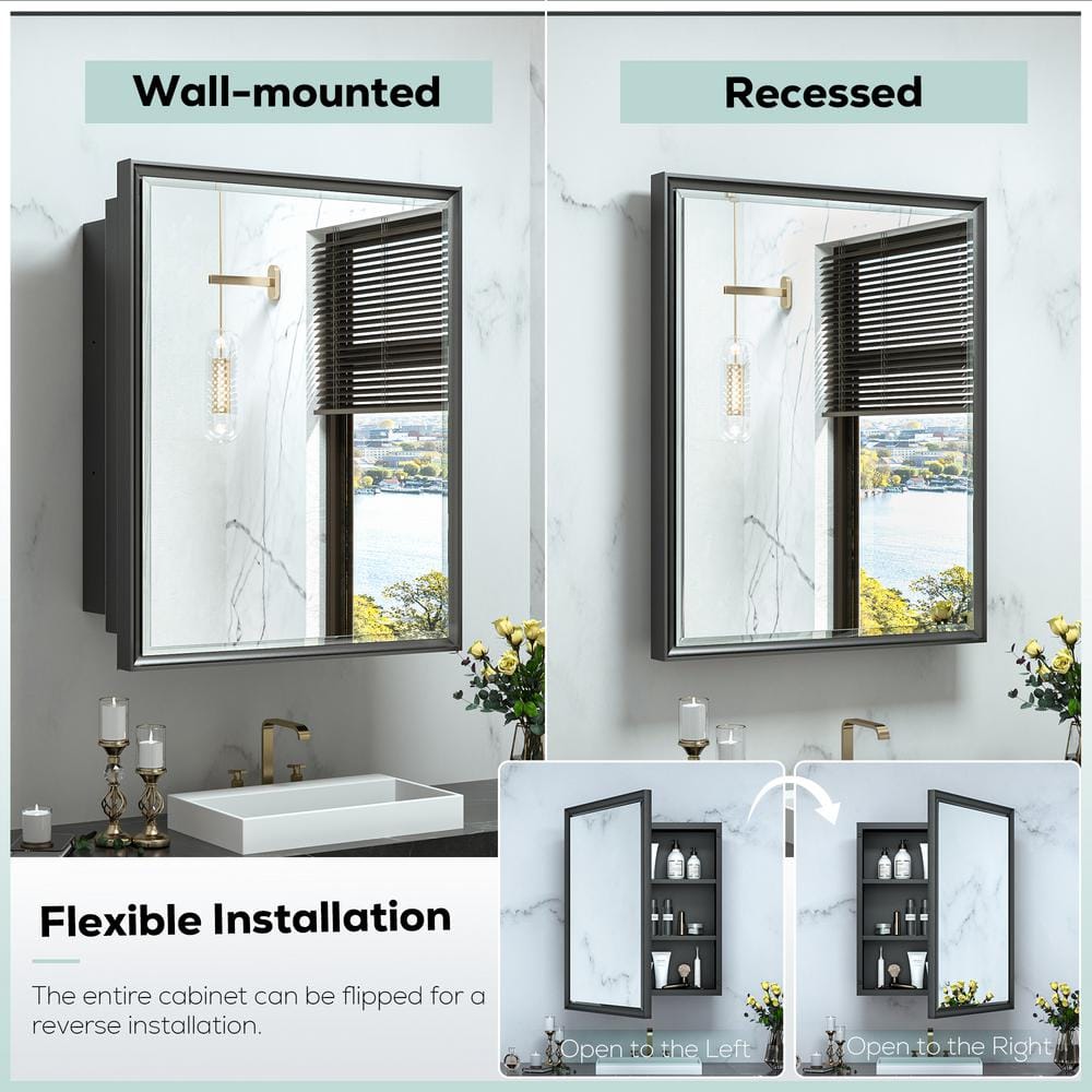 KeonJinn 17 in. W x 25 in. H Rectangular Brass Aluminum Alloy Black Framed Recessed/Surface Mount Medicine Cabinet with Mirror