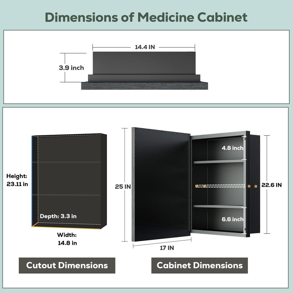 KeonJinn 17 in. W x 25 in. H Rectangular Brass Aluminum Alloy Black Framed Recessed/Surface Mount Medicine Cabinet with Mirror