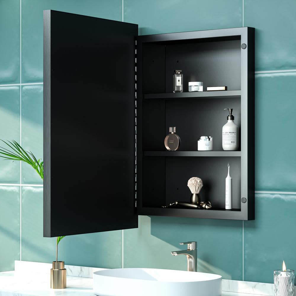 KeonJinn 17 in. W x 25 in. H Rectangular Brass Aluminum Alloy Black Framed Recessed/Surface Mount Medicine Cabinet with Mirror