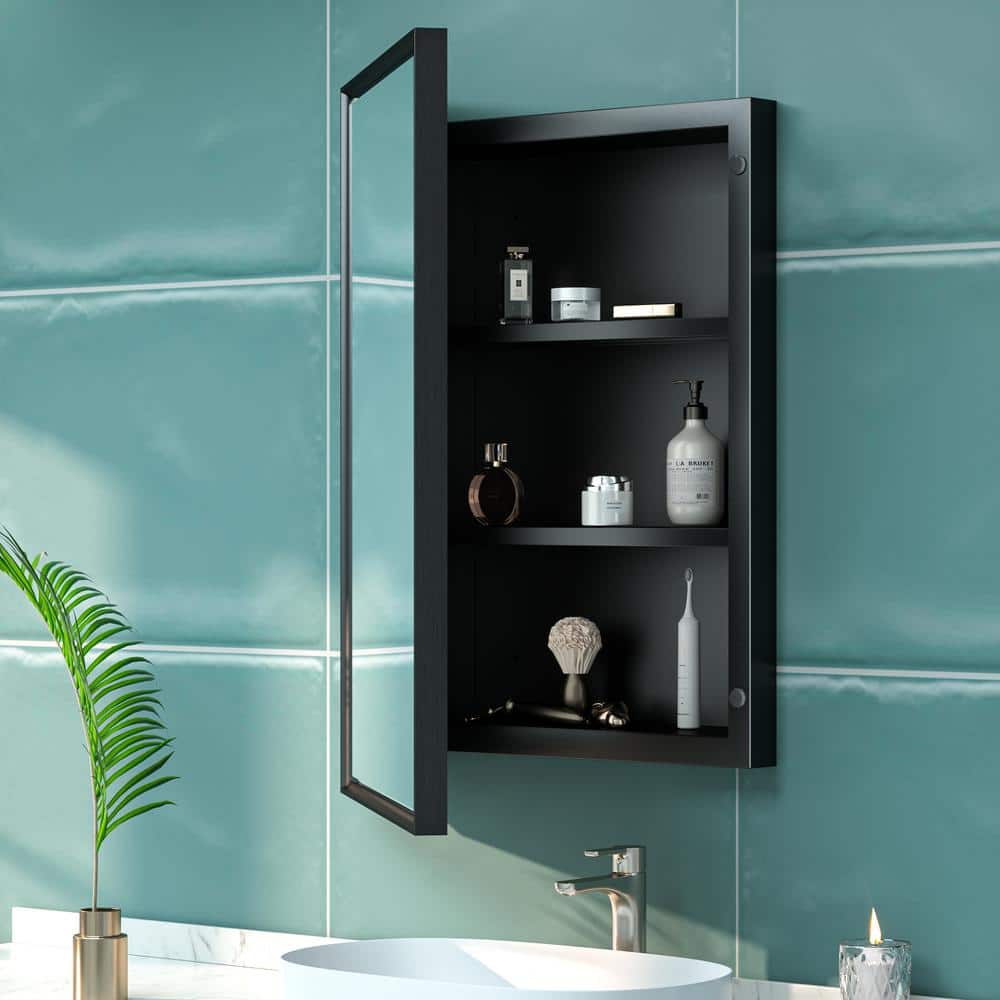 KeonJinn 17 in. W x 25 in. H Rectangular Brass Aluminum Alloy Black Framed Recessed/Surface Mount Medicine Cabinet with Mirror