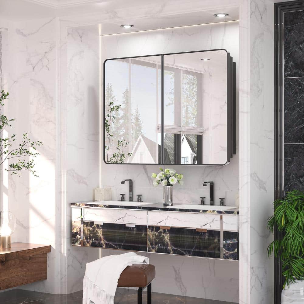 KeonJinn 40 in. W x 32 in. H Rectangular Black Stainless Steels  Framed Recessed/Surface Mount Medicine Cabinet with Mirror