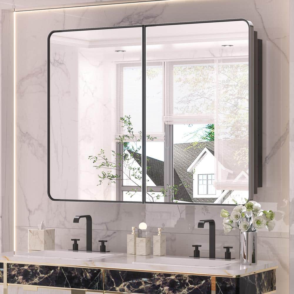 KeonJinn 40 in. W x 32 in. H Rectangular Black Stainless Steels  Framed Recessed/Surface Mount Medicine Cabinet with Mirror