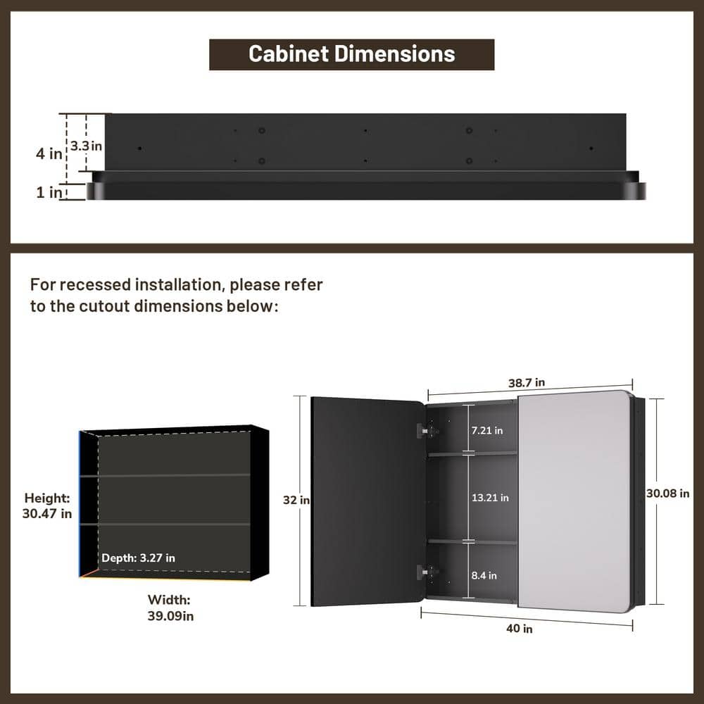 KeonJinn 40 in. W x 32 in. H Rectangular Black Stainless Steels  Framed Recessed/Surface Mount Medicine Cabinet with Mirror