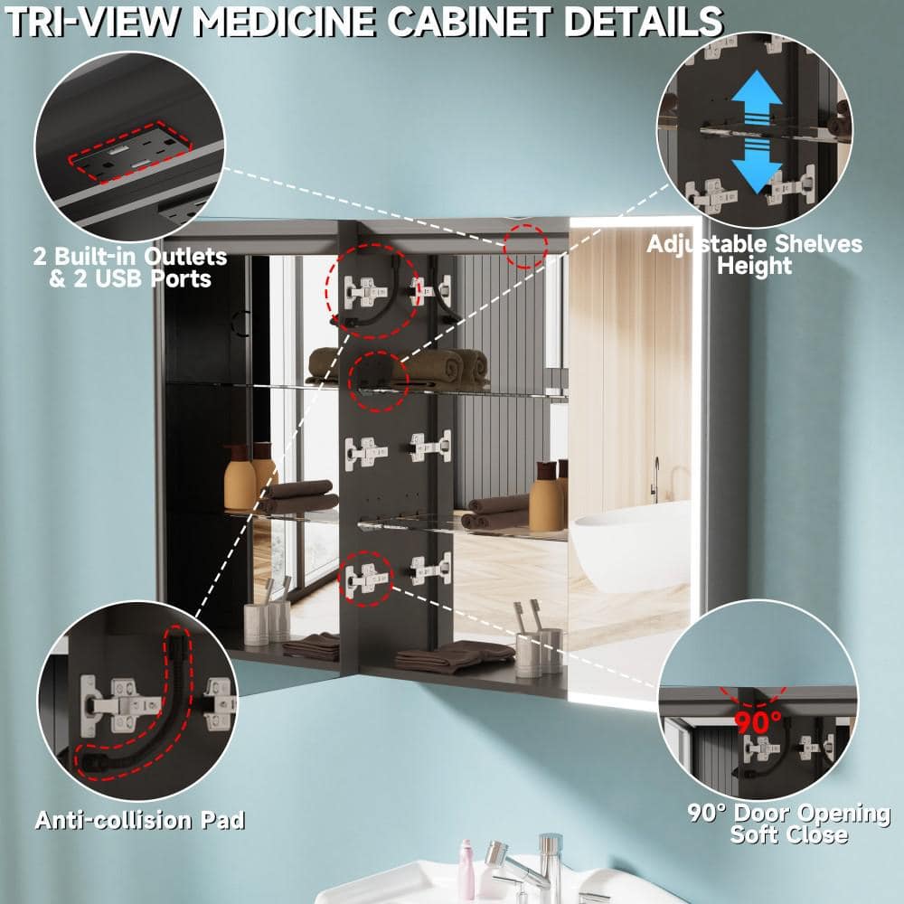 HOMLYLINK 30 in. W x 32 in. H Rectangular Black Aluminum Two-Door Recessed or Surface Mount Medicine Cabinet with Mirror Interior