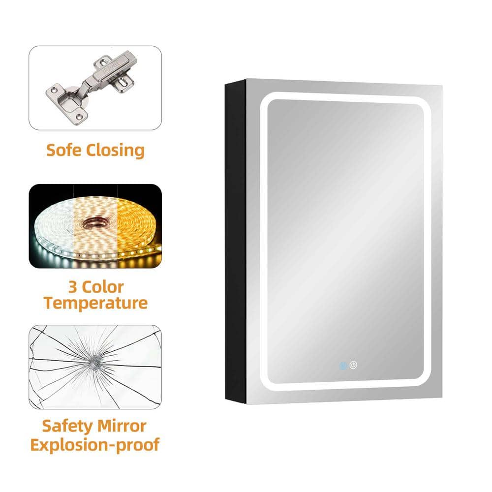 20 in. W x 30 in. H Rectangular LED Black Aluminum Recessed/Surface Mount Medicine Cabinet with Mirror