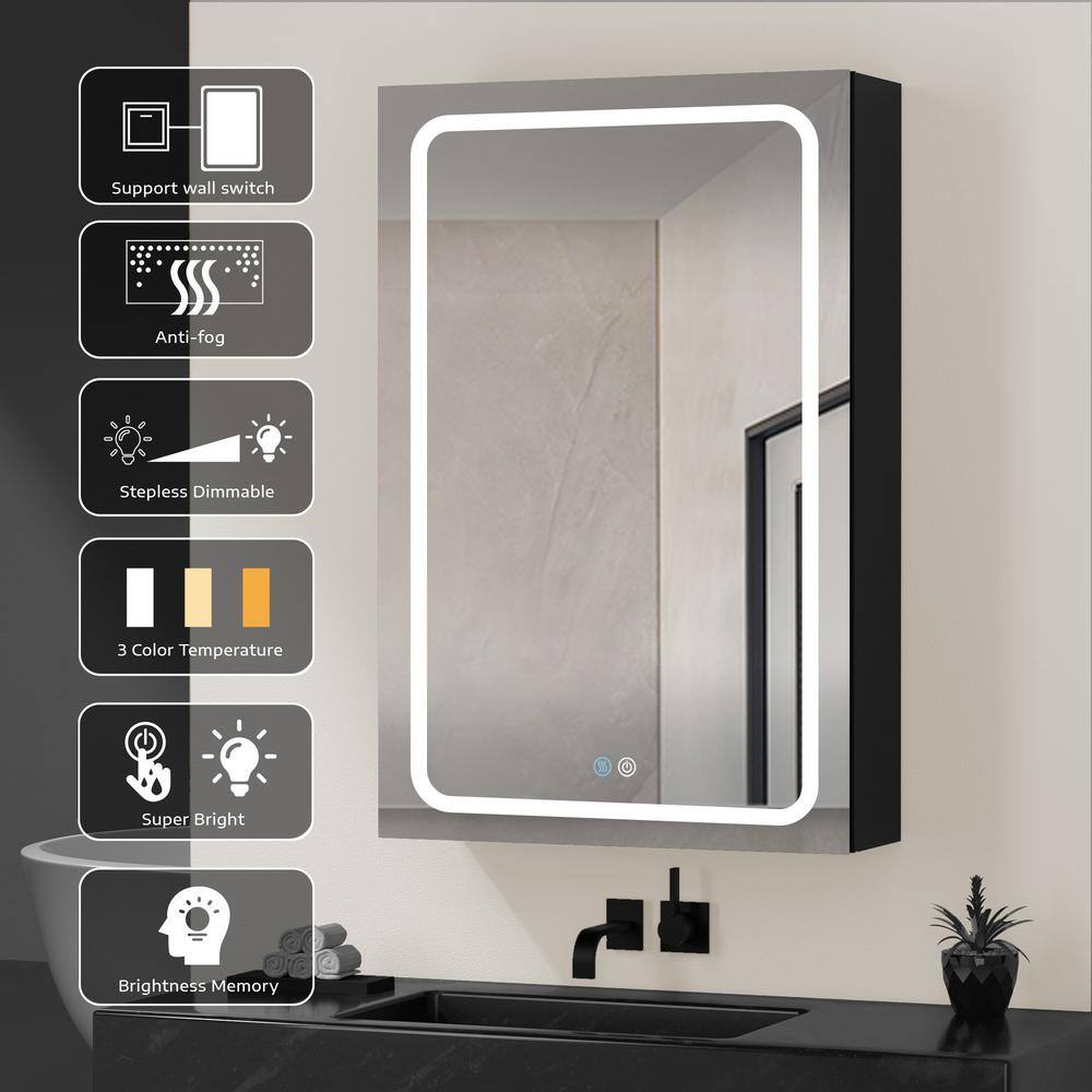 20 in. W x 30 in. H Rectangular LED Black Aluminum Recessed/Surface Mount Medicine Cabinet with Mirror