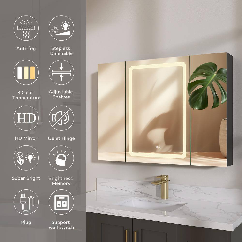 NTQ 40 in. W x 30 in. H Defogging Medium Rectangular Black Aluminum Surface Mount LED Bathroom Medicine Cabinet with Mirror