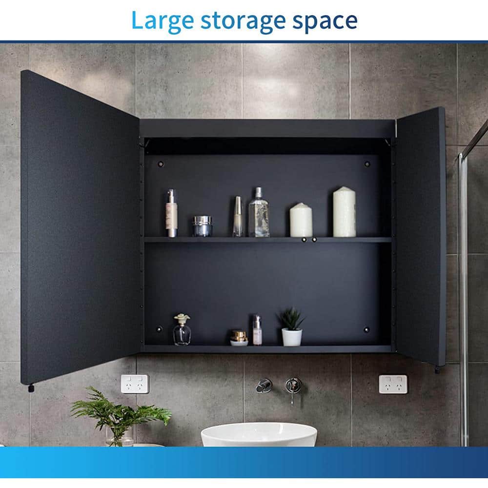 Modern 30 in. W x 26 in. H Large Rectangular Black Surface Mount Medicine Cabinet with Mirror and Dimmable Lights