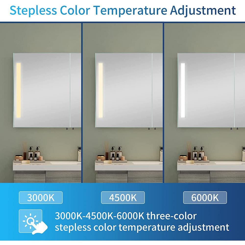 Modern 30 in. W x 26 in. H Large Rectangular Black Surface Mount Medicine Cabinet with Mirror and Dimmable Lights