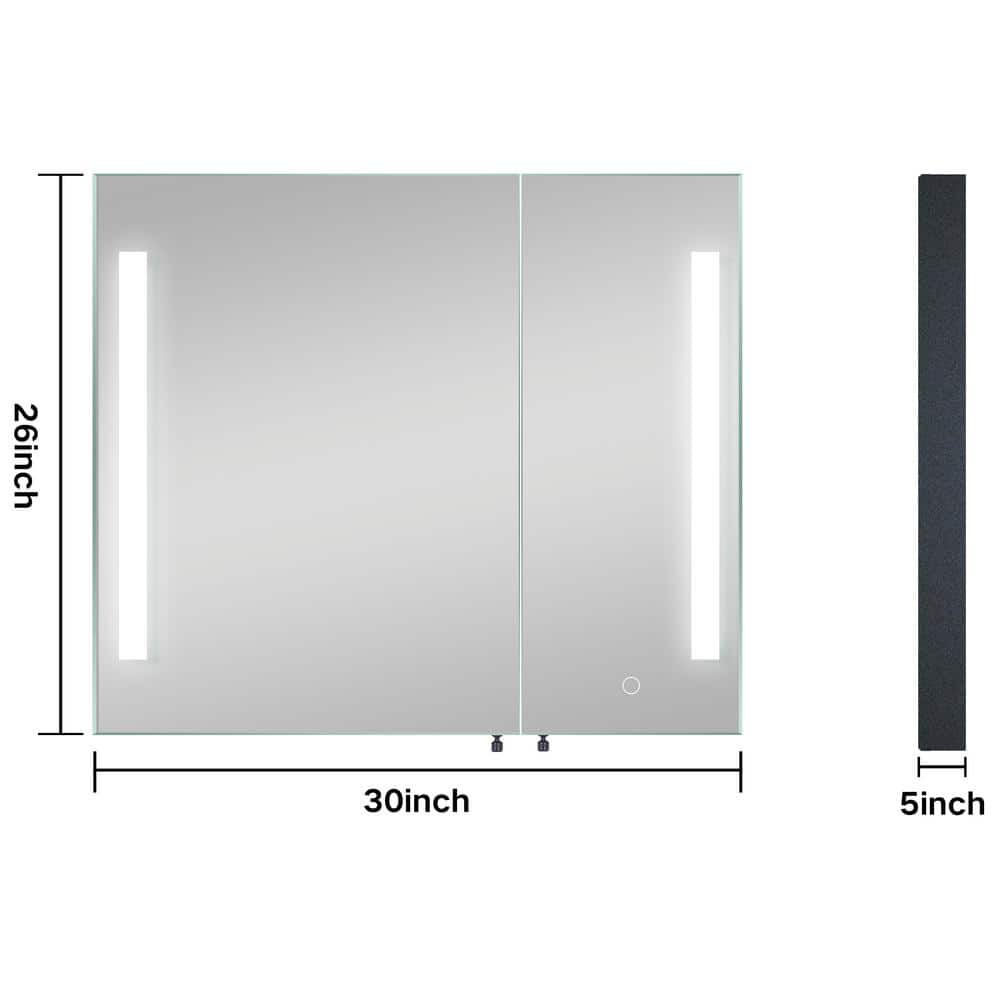 Modern 30 in. W x 26 in. H Large Rectangular Black Surface Mount Medicine Cabinet with Mirror and Dimmable Lights