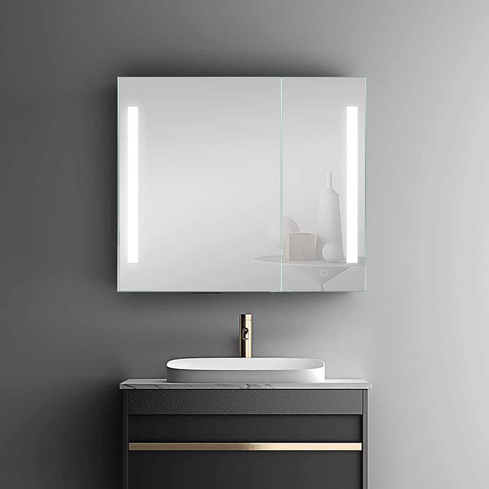 Modern 30 in. W x 26 in. H Large Rectangular Black Surface Mount Medicine Cabinet with Mirror and Dimmable Lights