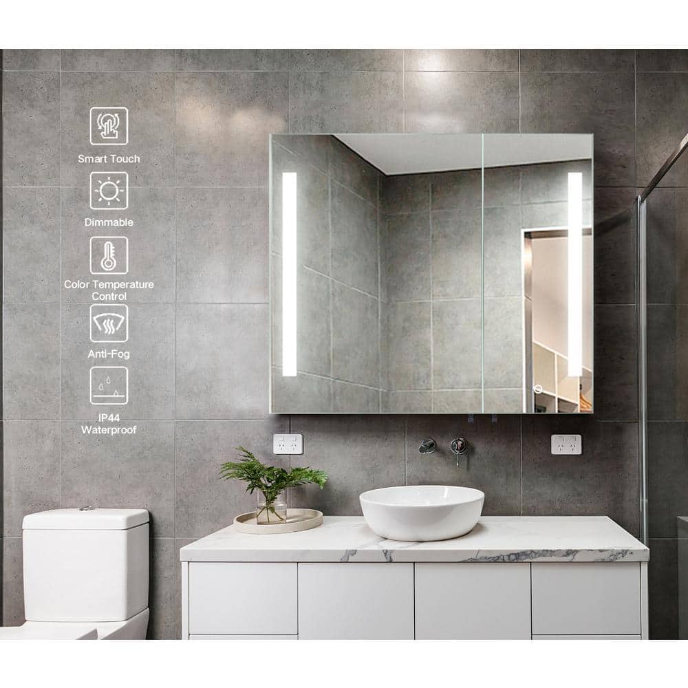 Modern 30 in. W x 26 in. H Large Rectangular Black Surface Mount Medicine Cabinet with Mirror and Dimmable Lights
