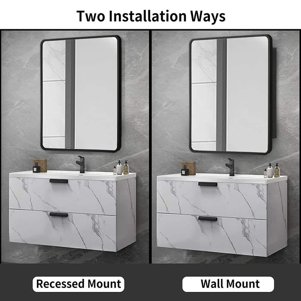 30 in. W x 24 in. H Black Metal Framed Rounded Corner Wall Mount/Recessed Bathroom Medicine Cabinet with Mirror