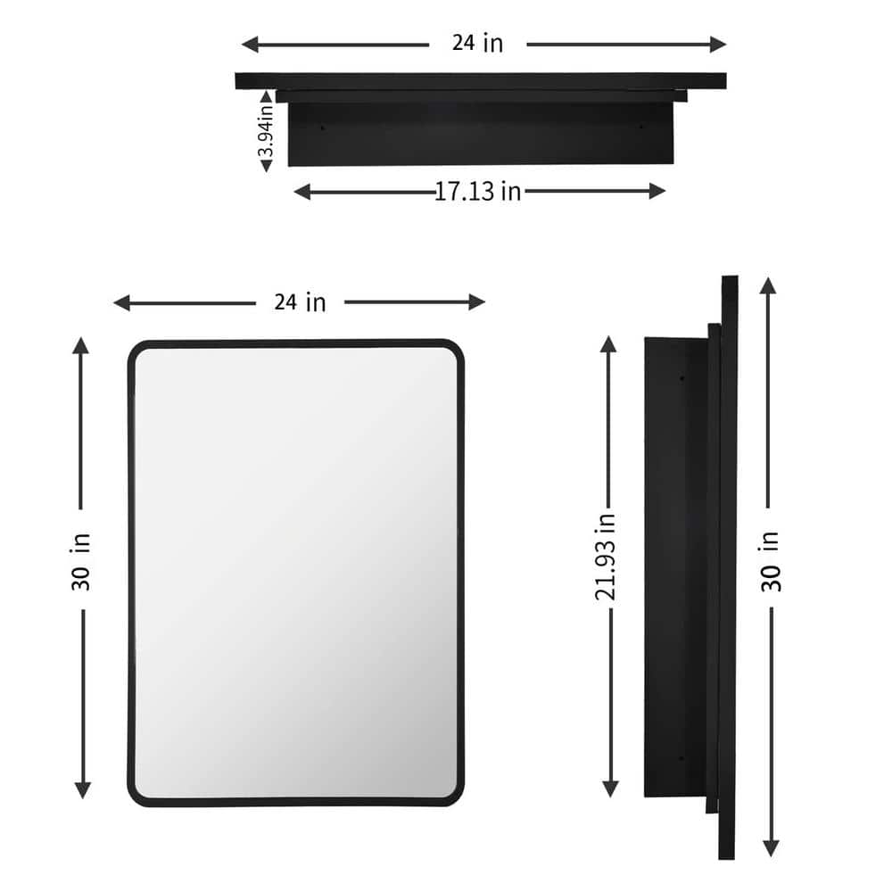 30 in. W x 24 in. H Black Metal Framed Rounded Corner Wall Mount/Recessed Bathroom Medicine Cabinet with Mirror
