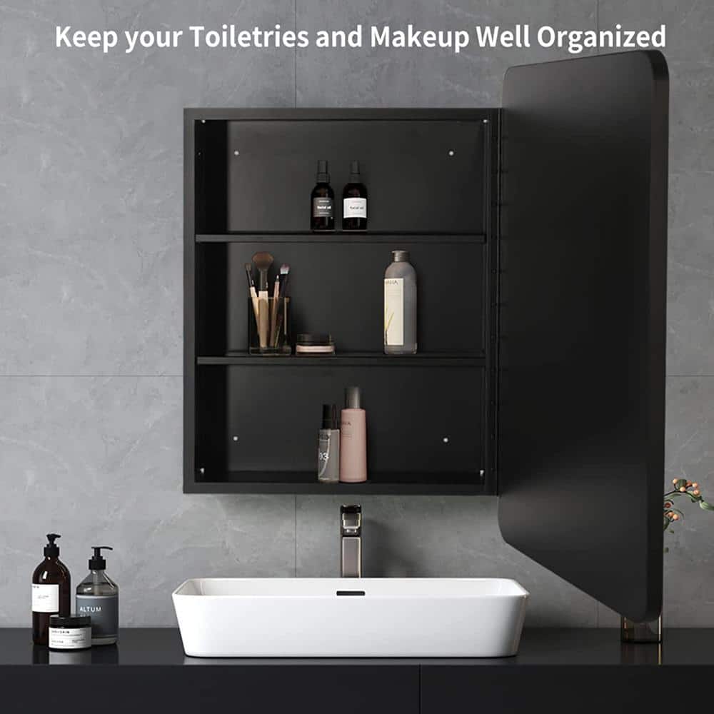 30 in. W x 24 in. H Black Metal Framed Rounded Corner Wall Mount/Recessed Bathroom Medicine Cabinet with Mirror