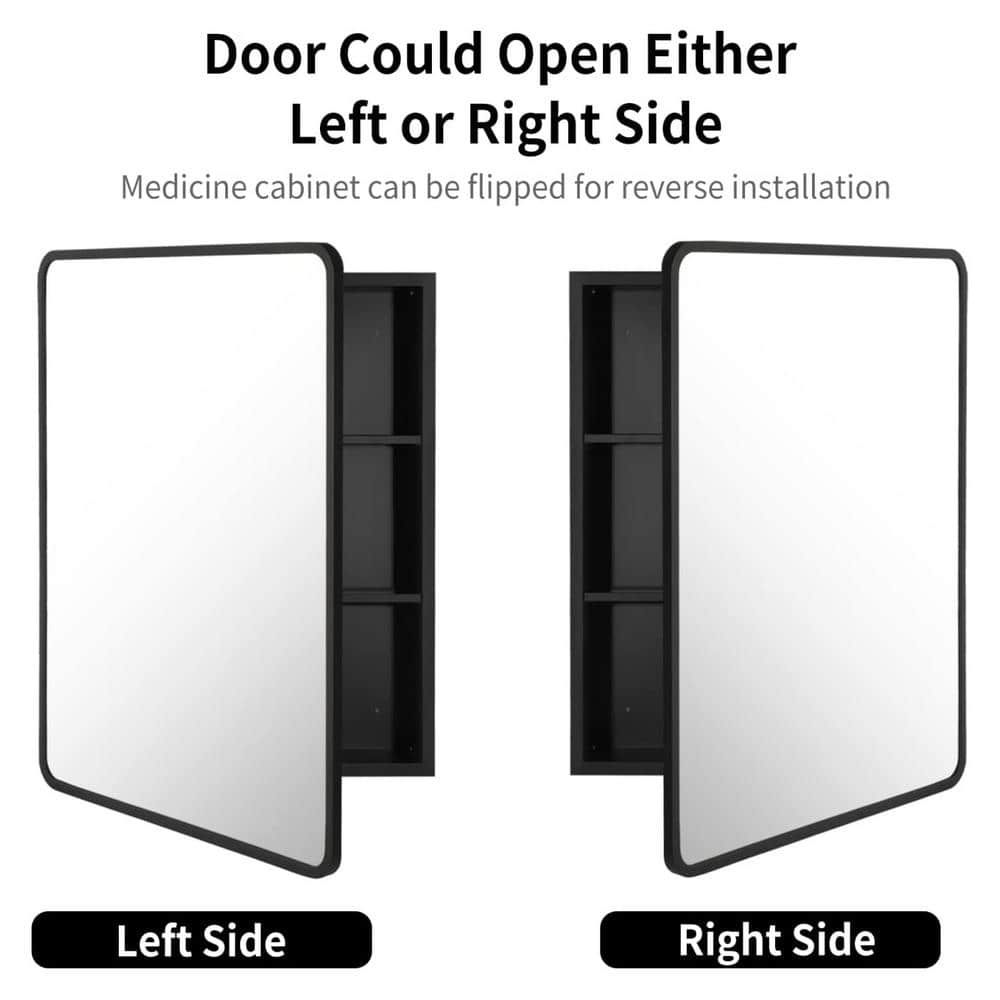 30 in. W x 24 in. H Black Metal Framed Rounded Corner Wall Mount/Recessed Bathroom Medicine Cabinet with Mirror