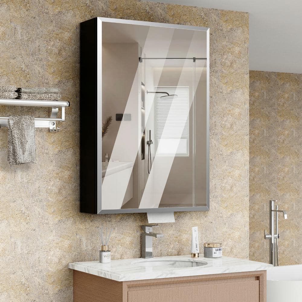 tunuo 18 in. W x 26.8 in. H Rectangular Aluminum Surface Mount Medicine Cabinet with Mirror, Tissue Drawer Hole, 3x Magnifier