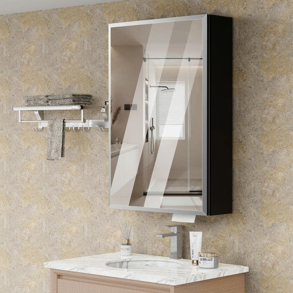 tunuo 18 in. W x 26.8 in. H Rectangular Aluminum Surface Mount Medicine Cabinet with Mirror, Tissue Drawer Hole, 3x Magnifier