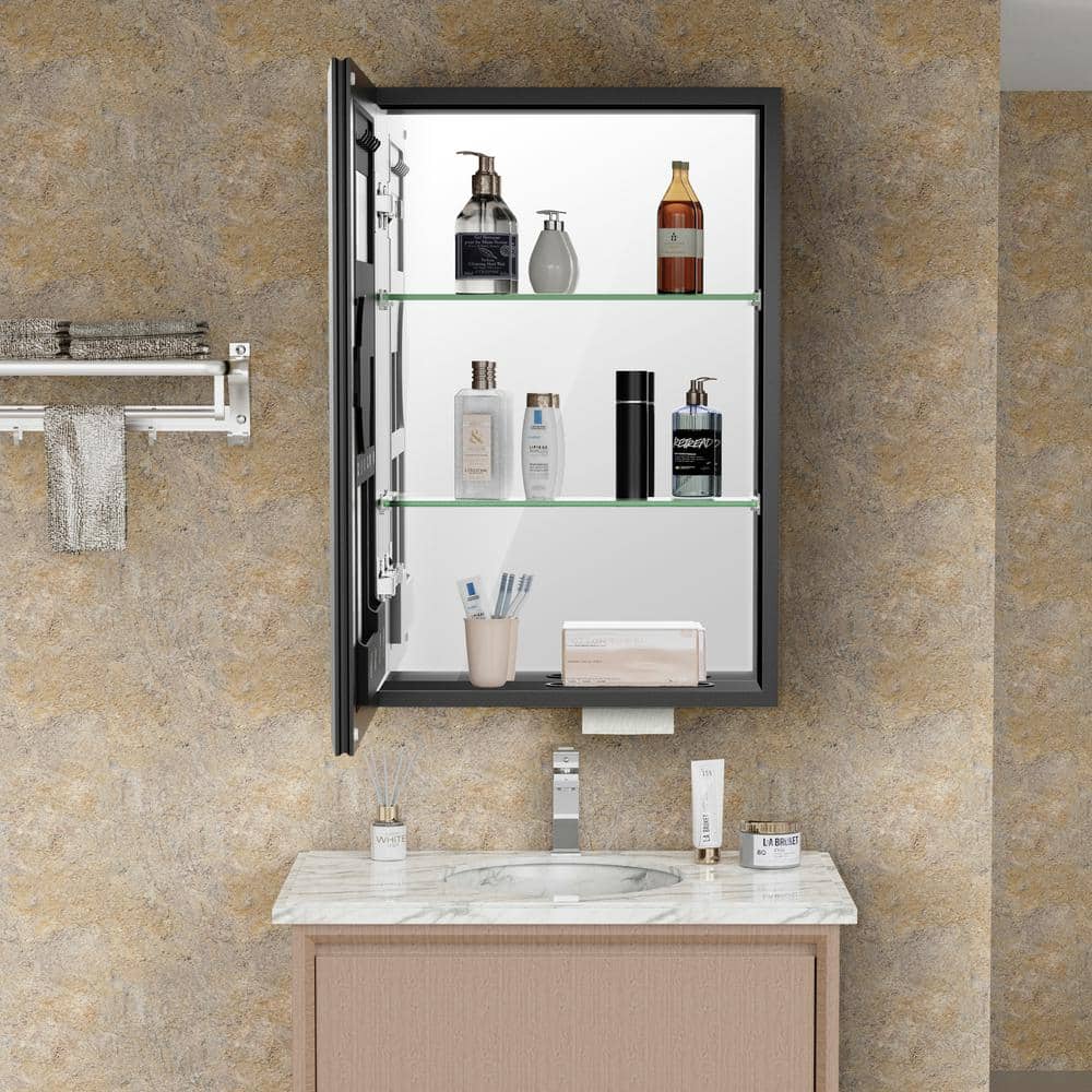 tunuo 18 in. W x 26.8 in. H Rectangular Aluminum Surface Mount Medicine Cabinet with Mirror, Tissue Drawer Hole, 3x Magnifier