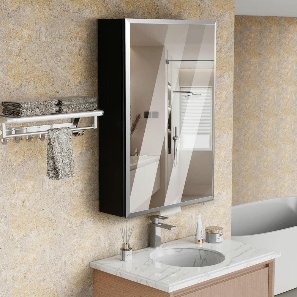 tunuo 18 in. W x 26.8 in. H Rectangular Aluminum Surface Mount Medicine Cabinet with Mirror, Tissue Drawer Hole, 3x Magnifier