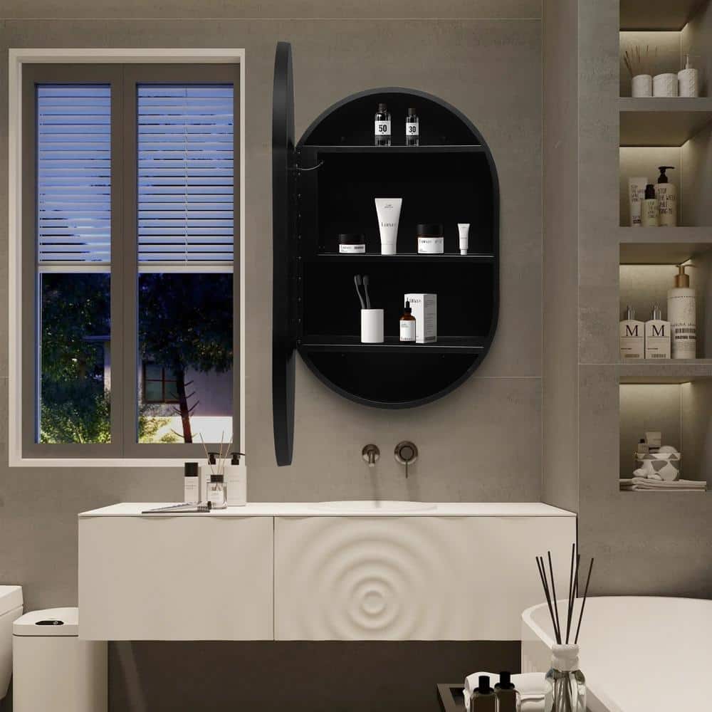 UPIKER Lifestyle 21 in. W x 31 in. H Small Oval Aluminum Framed LED Medicine Cabinet with Mirror