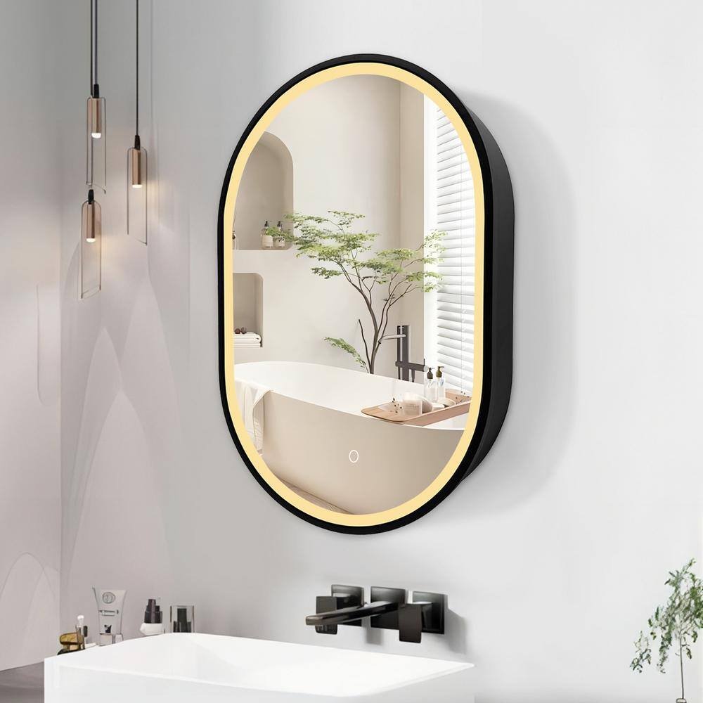 UPIKER Lifestyle 21 in. W x 31 in. H Small Oval Aluminum Framed LED Medicine Cabinet with Mirror