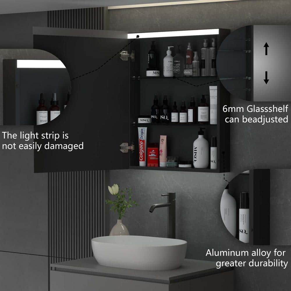 24 in. W x 30 in. H Black Rectangular Aluminum LED Medicine Cabinet with Mirror and Adjustable Shelf, Left Open
