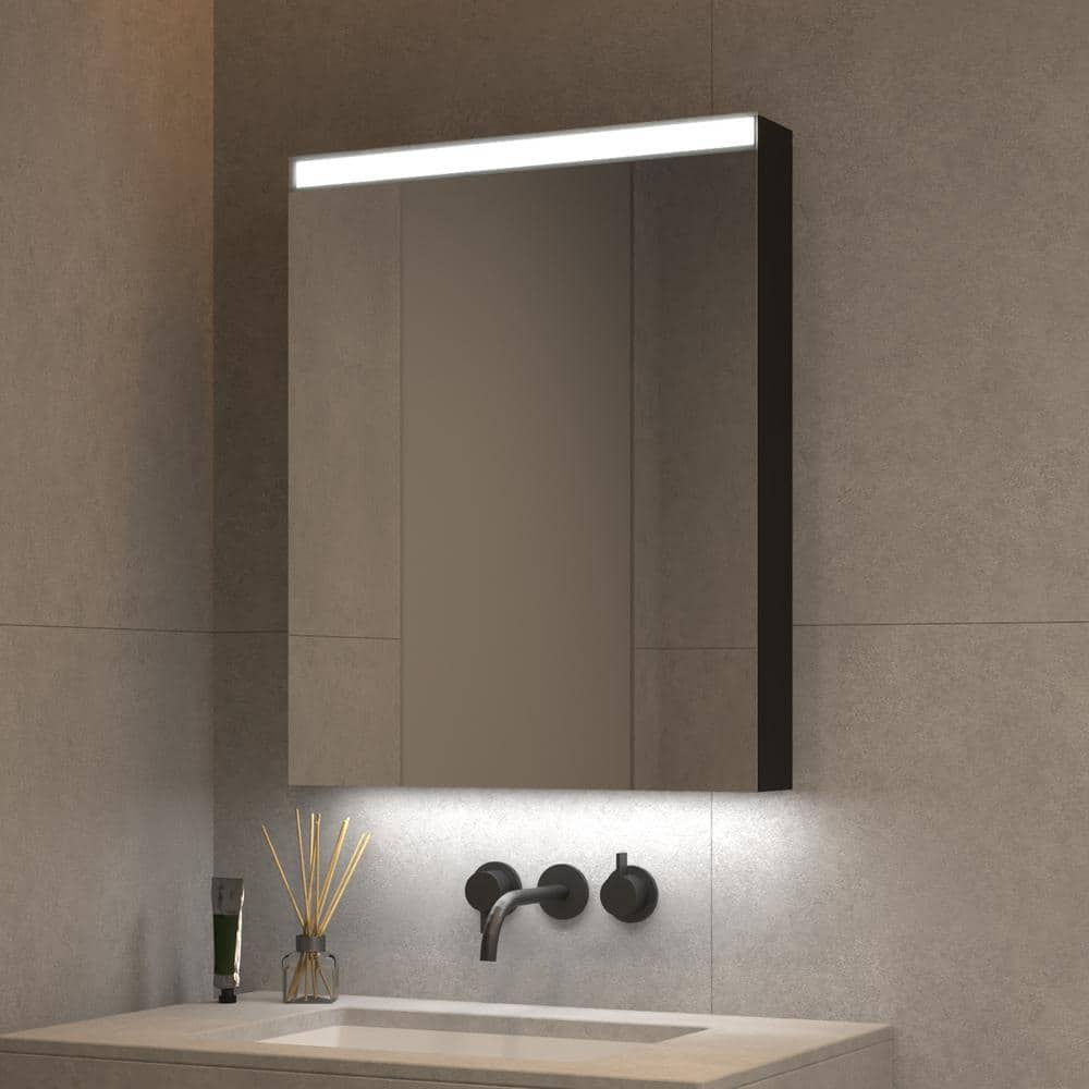 24 in. W x 30 in. H Black Rectangular Aluminum LED Medicine Cabinet with Mirror and Adjustable Shelf, Left Open