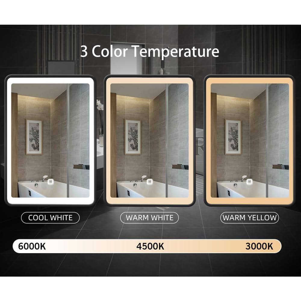 Unbranded 24 in. W x 30 in. H Rectangular Black Framed Iron Medicine Cabinet with Mirror Anti-fog Function and 3 Colors Light