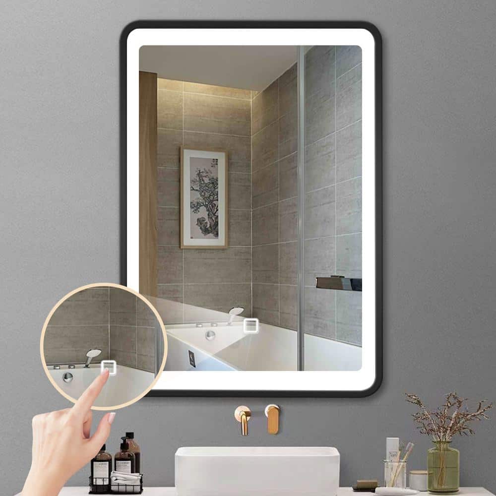 Unbranded 24 in. W x 30 in. H Rectangular Black Framed Iron Medicine Cabinet with Mirror Anti-fog Function and 3 Colors Light