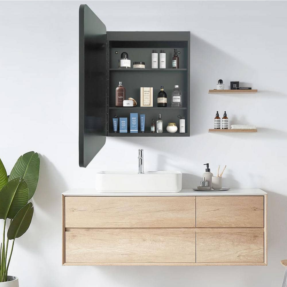 Unbranded 24 in. W x 30 in. H Rectangular Black Framed Iron Medicine Cabinet with Mirror Anti-fog Function and 3 Colors Light