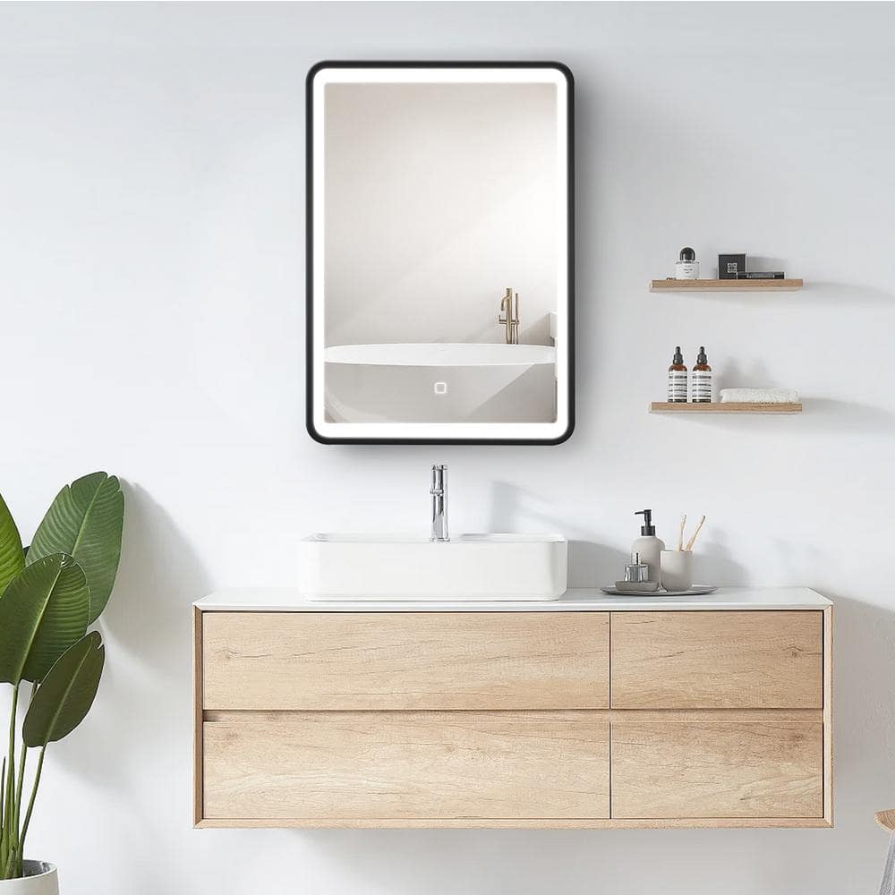 Unbranded 24 in. W x 30 in. H Rectangular Black Framed Iron Medicine Cabinet with Mirror Anti-fog Function and 3 Colors Light