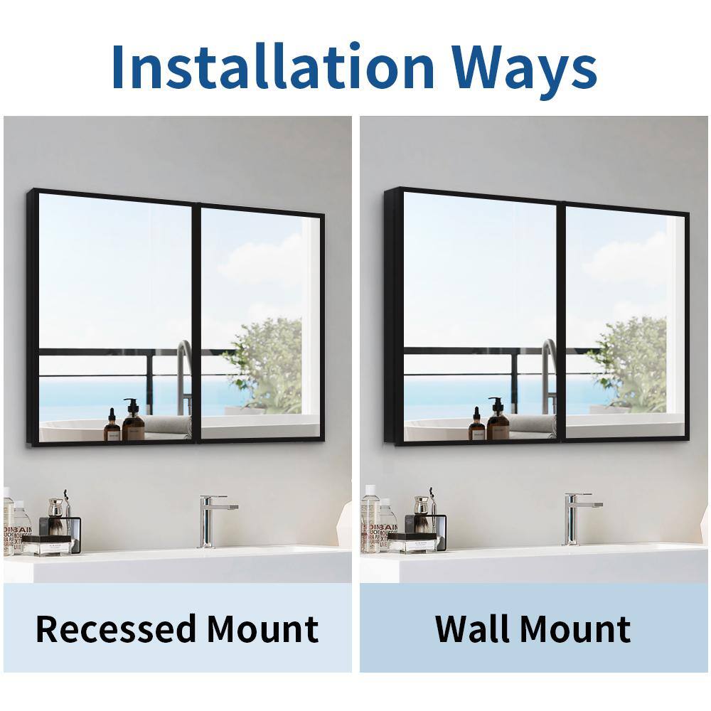Tileon 30 in. W x 26 in. H Black Metal Framed Rectangular Wall Mount/Recessed Bathroom Medicine Cabinet with Mirror