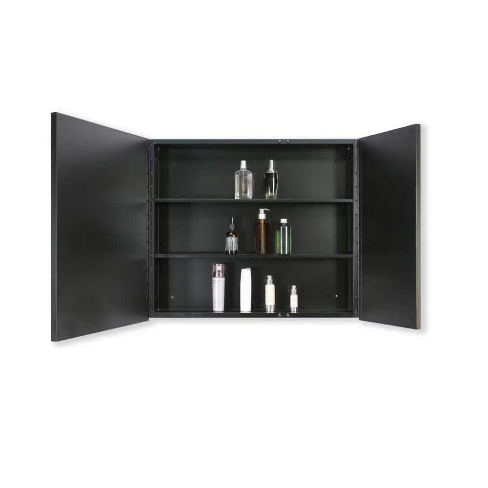 Tileon 30 in. W x 26 in. H Black Metal Framed Rectangular Wall Mount/Recessed Bathroom Medicine Cabinet with Mirror