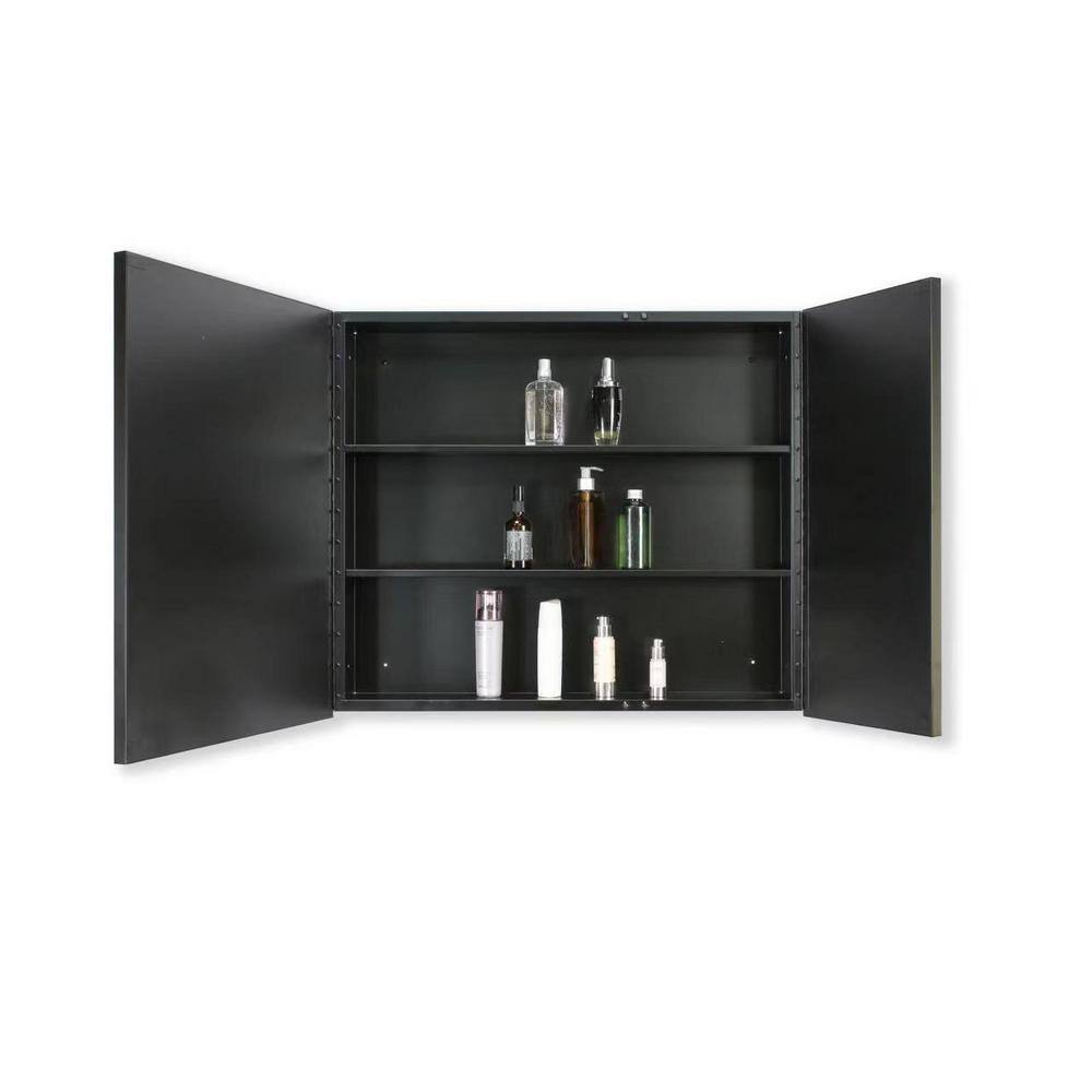 Tileon 30 in. W x 26 in. H Black Metal Framed Rectangular Wall Mount/Recessed Bathroom Medicine Cabinet with Mirror