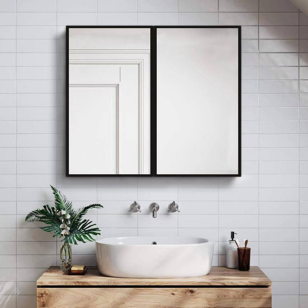Tileon 30 in. W x 26 in. H Black Metal Framed Rectangular Wall Mount/Recessed Bathroom Medicine Cabinet with Mirror