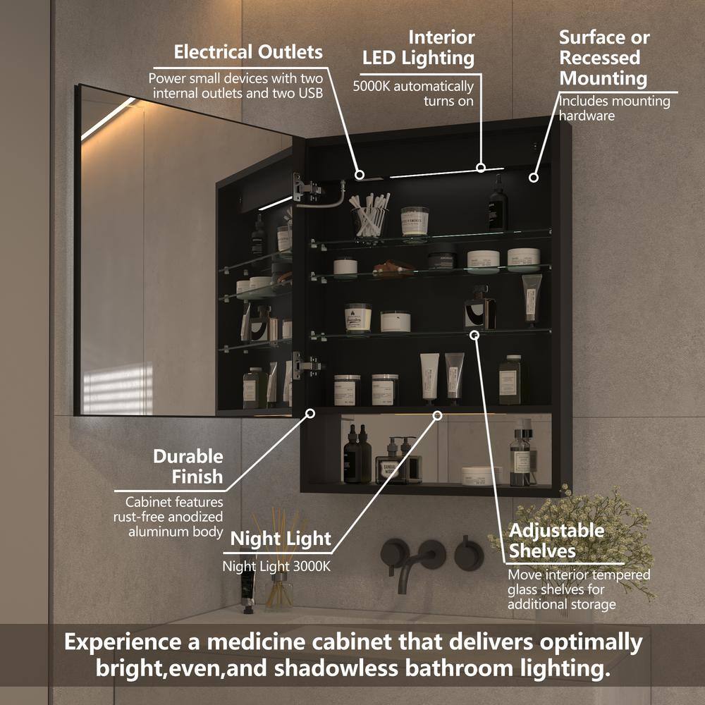 24 in. W x 32 in. H Surface/Recessed-Mount Rectangular LED Bathroom Medicine Cabinet with Mirror and External Shelf
