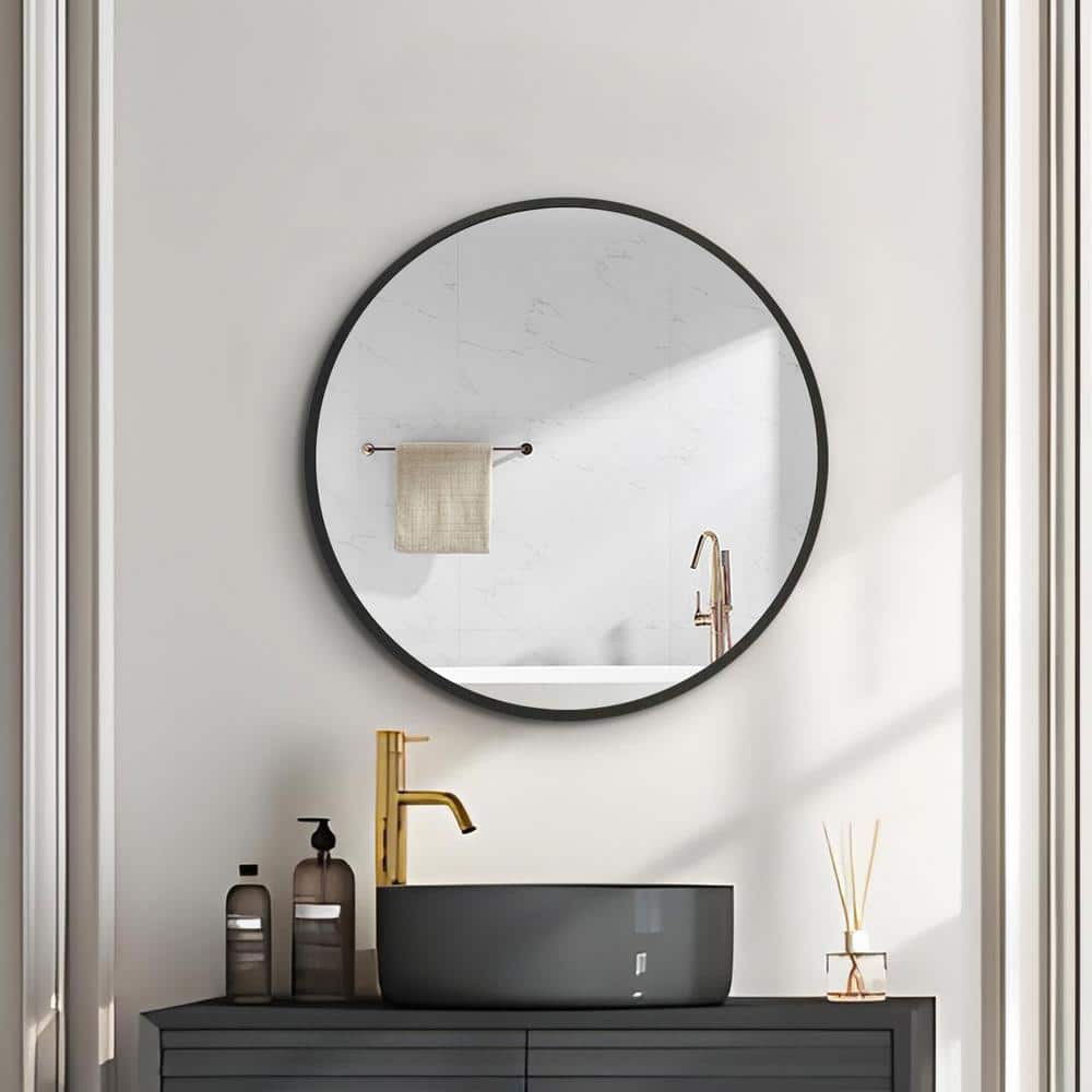 MEDUNJESS ASY 24 in. W x 24 in. H Round Black Framed Wall Mount Medicine Cabinet with Mirror