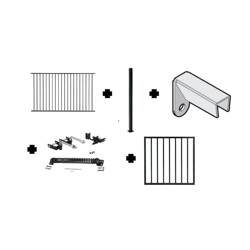 2.67 ft. x 64 ft. Blk Ornamental Space Bar Flat Metal Fence Panel Kit (8 panels,Posts,brackets,Gate) AboveGround Install