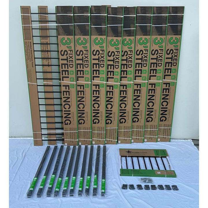 2.67 ft. x 64 ft. Blk Ornamental Space Bar Flat Metal Fence Panel Kit (8 panels,Posts,brackets,Gate) AboveGround Install