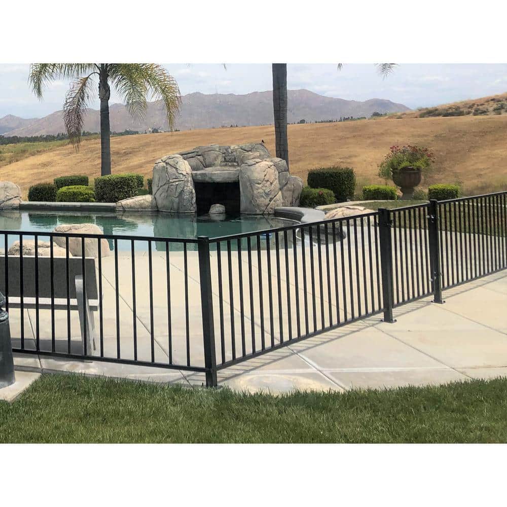 2.67 ft. x 64 ft. Blk Ornamental Space Bar Flat Metal Fence Panel Kit (8 panels,Posts,brackets,Gate) AboveGround Install