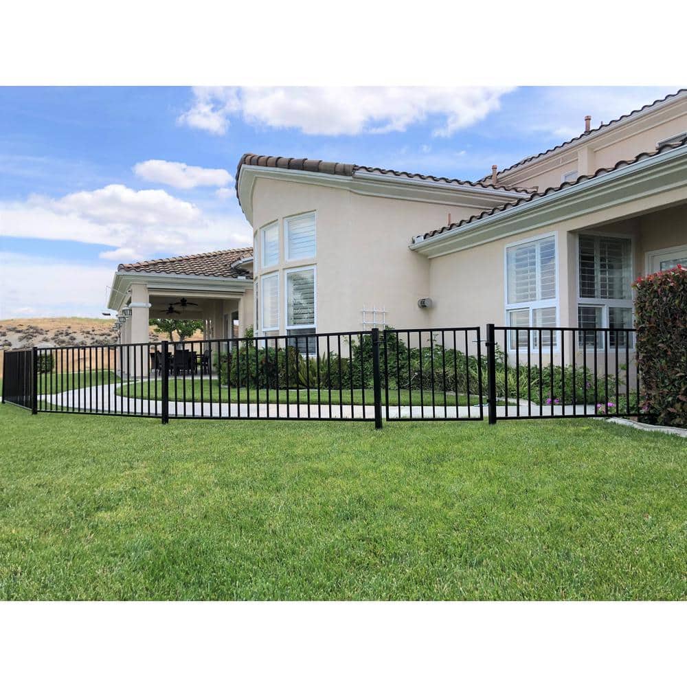 2.67 ft. x 64 ft. Blk Ornamental Space Bar Flat Metal Fence Panel Kit (8 panels,Posts,brackets,Gate) AboveGround Install