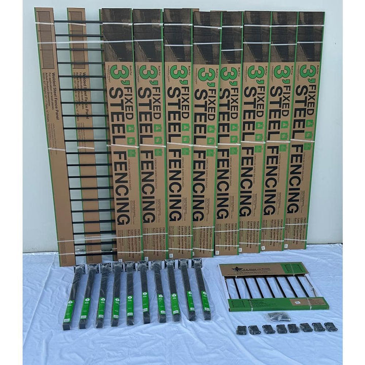 2.67 ft. x 64 ft. Black Ornamental Space Bar Flat Metal Fence Panel Kit (8 panels,Posts,brackets,Gate) InGround Install