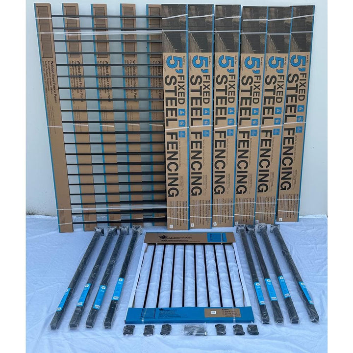 4.84 ft. x 48 ft. Blk Ornamental Space Bar Flat Metal Fence Panel Kit (6 panels,Posts,brackets,Gate)Above Ground Install