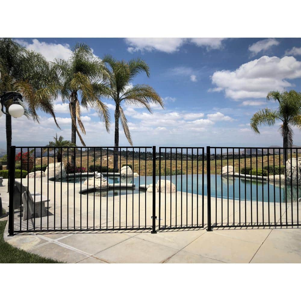 4.84 ft. x 48 ft. Black Ornamental Space Bar Flat Metal Fence Panel Kit (6 panels,Posts,brackets,Gate) InGround Install