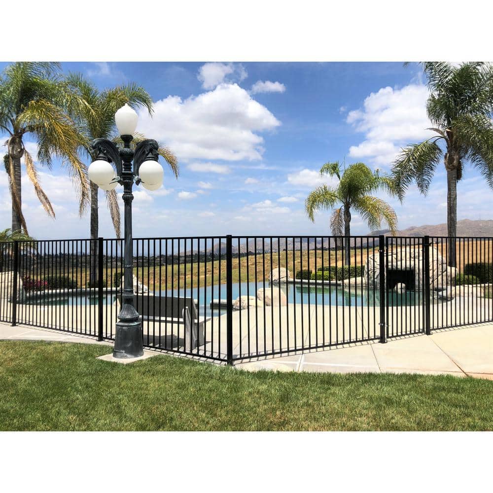 4.84 ft. x 48 ft. Black Ornamental Space Bar Flat Metal Fence Panel Kit (6 panels,Posts,brackets,Gate) InGround Install