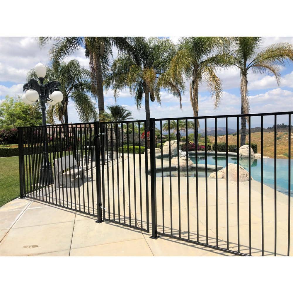 4.84 ft. x 48 ft. Black Ornamental Space Bar Flat Metal Fence Panel Kit (6 panels,Posts,brackets,Gate) InGround Install