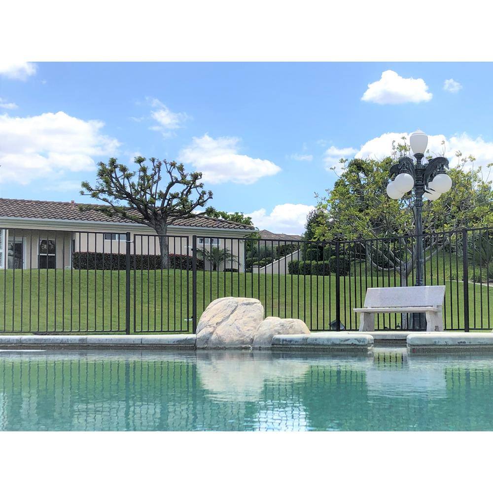4.84 ft. x 48 ft. Black Ornamental Space Bar Flat Metal Fence Panel Kit (6 panels,Posts,brackets,Gate) InGround Install